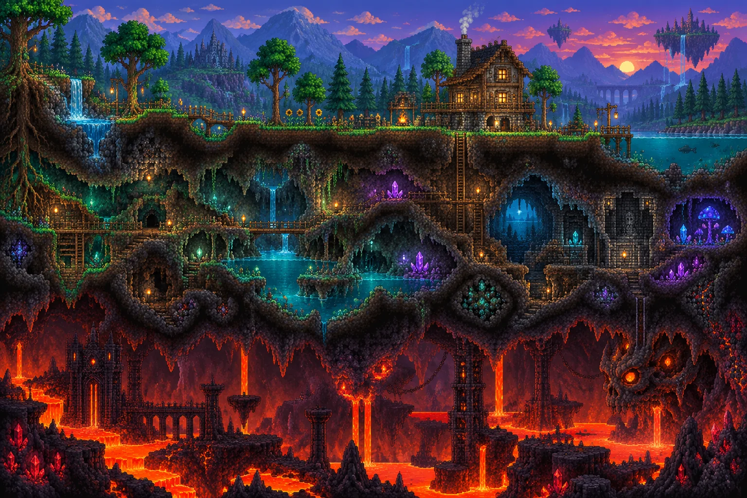 Arte original inspirada em Terraria: floresta e casa iluminada, cavernas com pontes, lagos e cristais e profundezas com rios de lava.